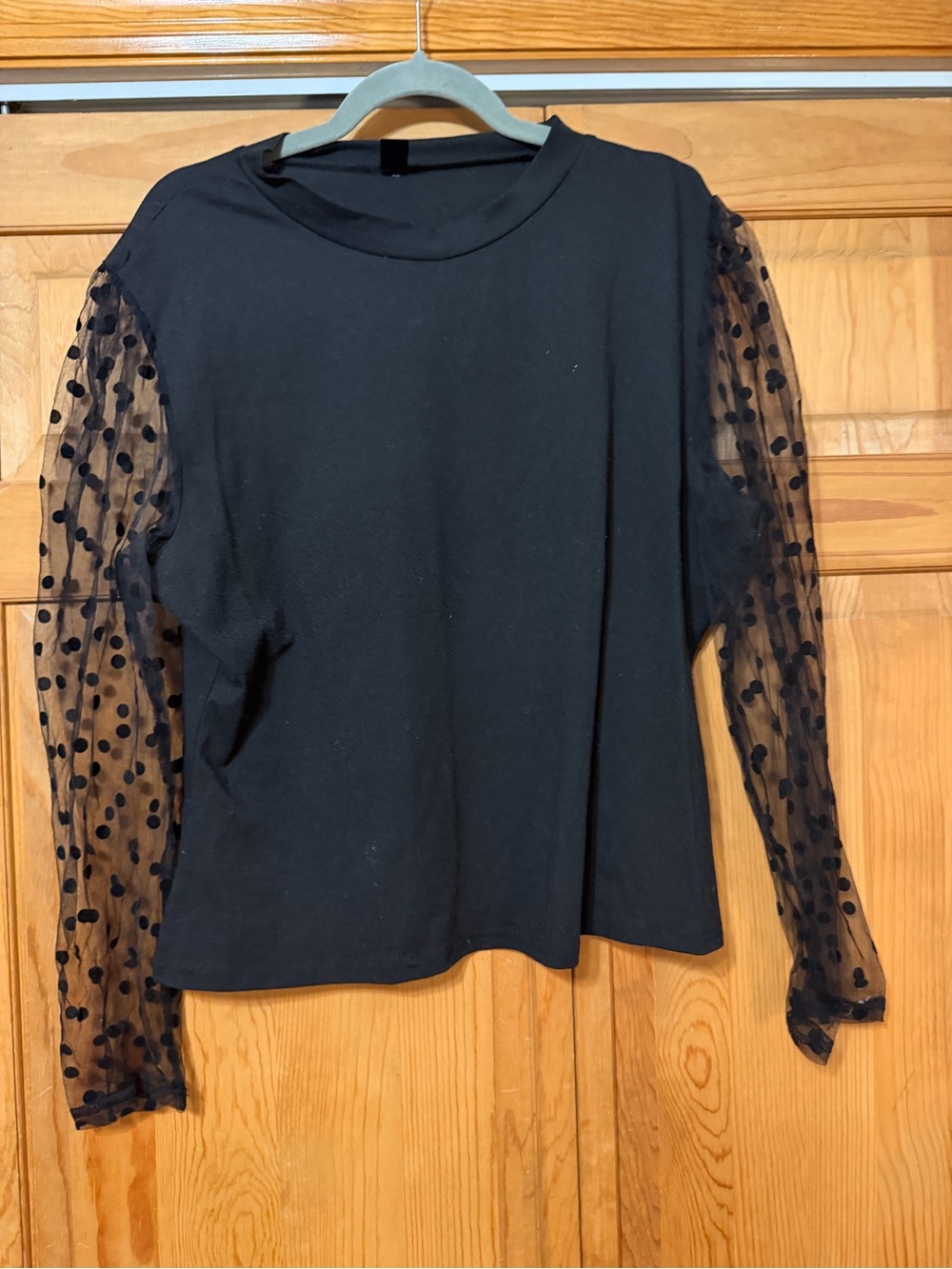SHEIN Black Top with Sheer Polka Dot Sleeves